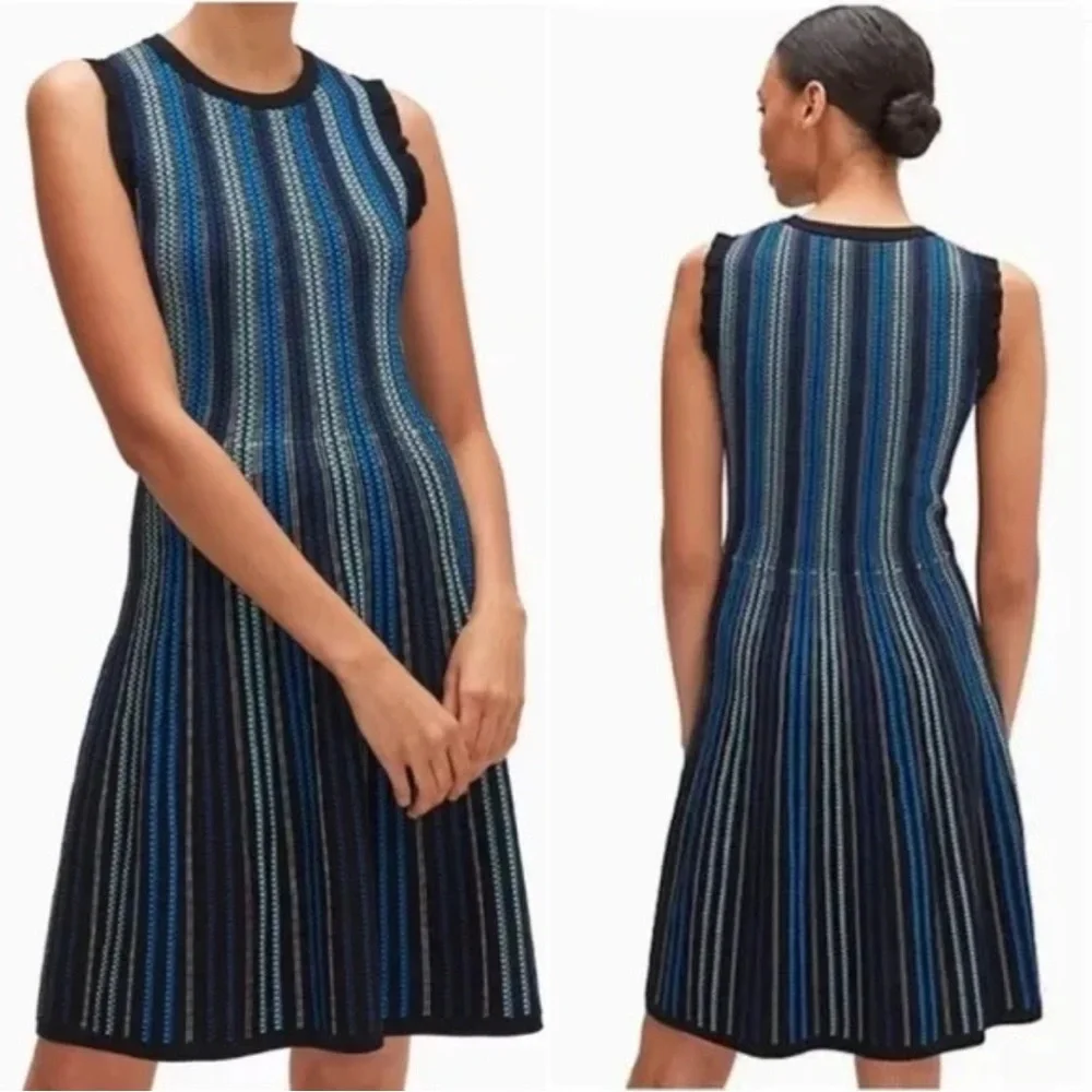 Kate Spade Striped Sleeveless Sweater Knit Knee Length Dress Blue Small
